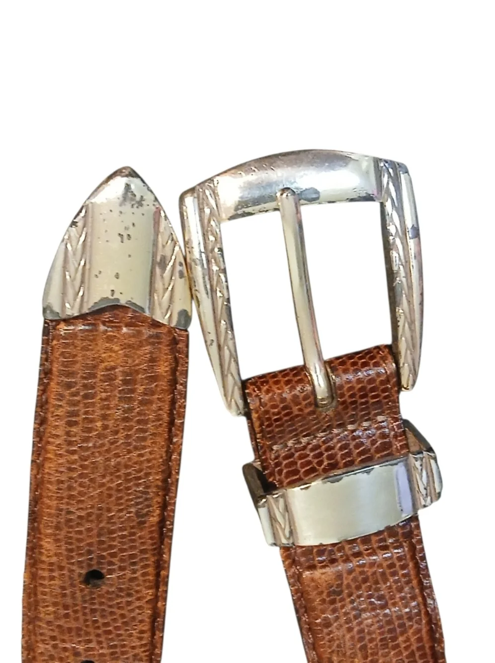 Brighton -Men's Brown Leather Belt, Geometric Pattern Bohemian Type Buckle 40 in